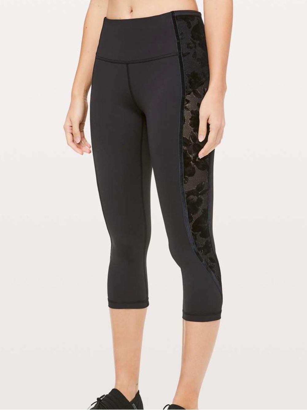 Lululemon Wunder Under Crop Leggings Women 10 Black Floral Mesh Flocked 21